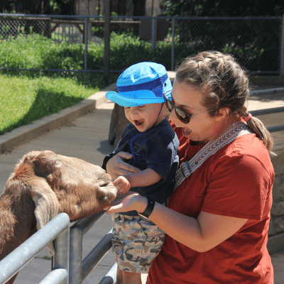 A woman holds a kids as they feed a goat